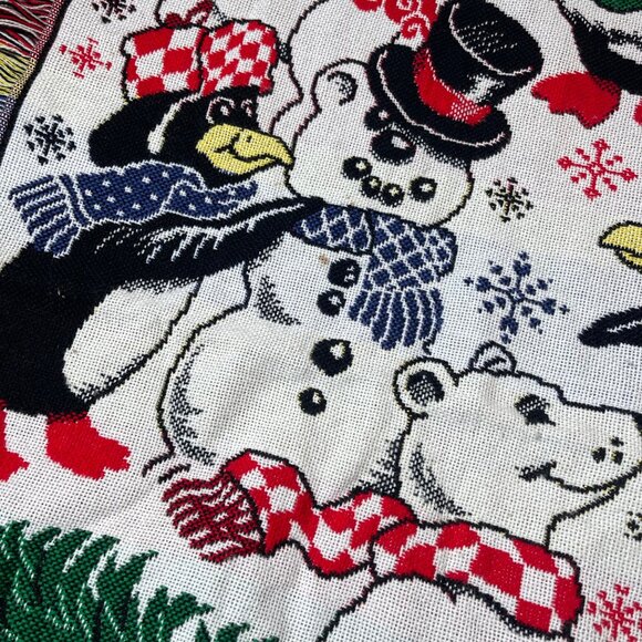Vintage 80s 90s Christmas Blanket Fringe Edges Bears Penguins Holiday 56x44 - Picture 2 of 5